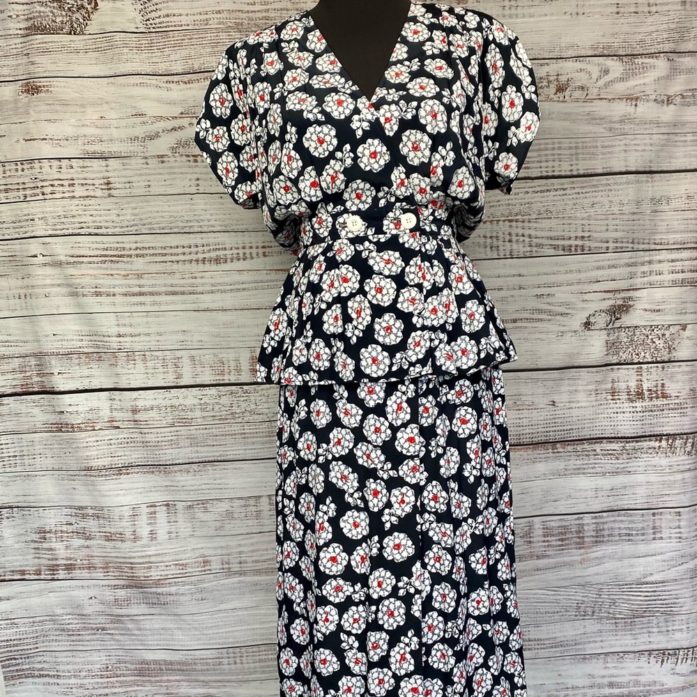 VINTAGE 80's WARREN Z Black Rayon Floral Print Peplum Midi Secretary Dress